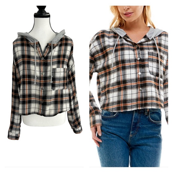 No Comment Juniors' Hooded Plaid Shacket, Large - Picture 1 of 7
